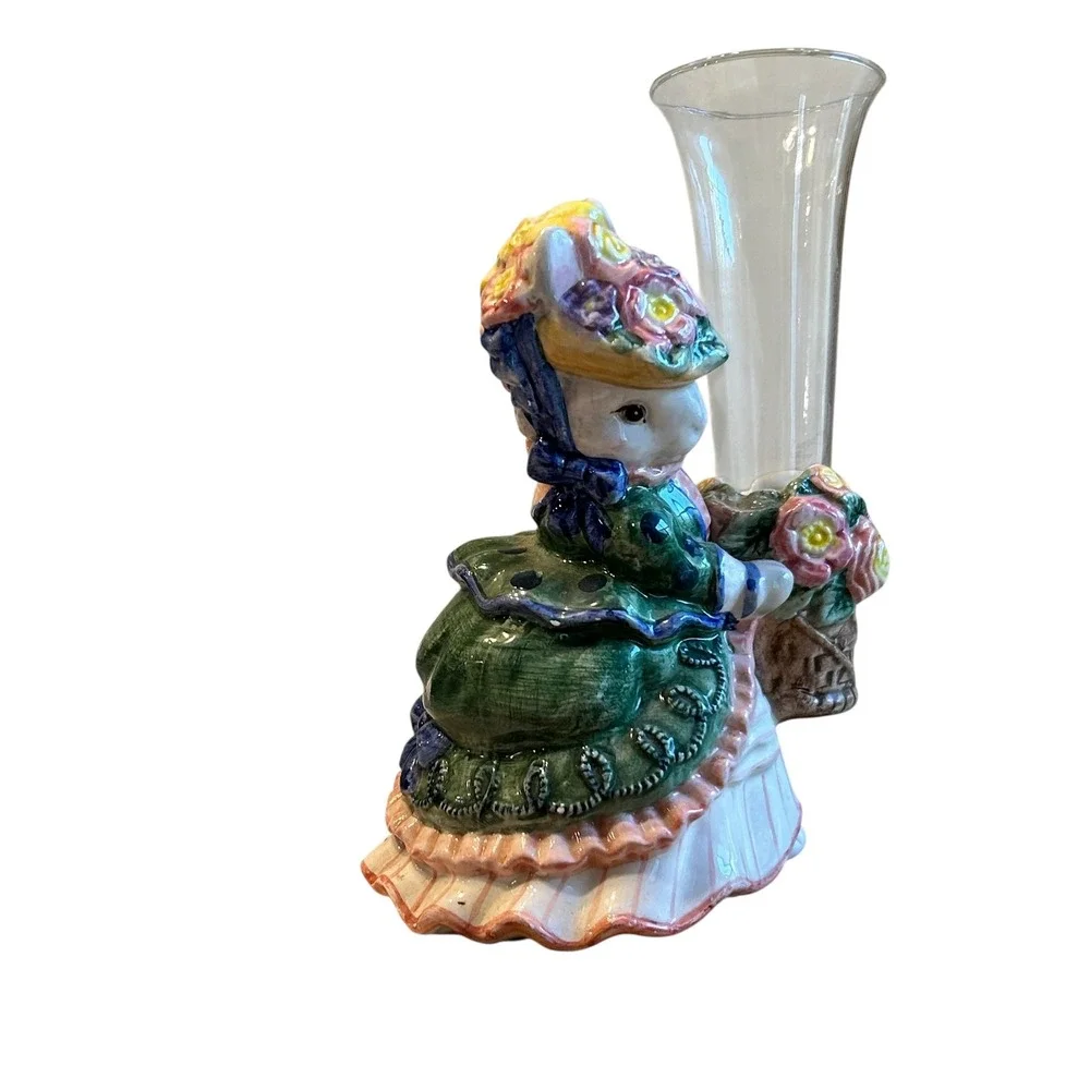 Fitz and Floyd Ceramic Bunny Girl Vase with‎ Glass Insert 1995 Cottagecore